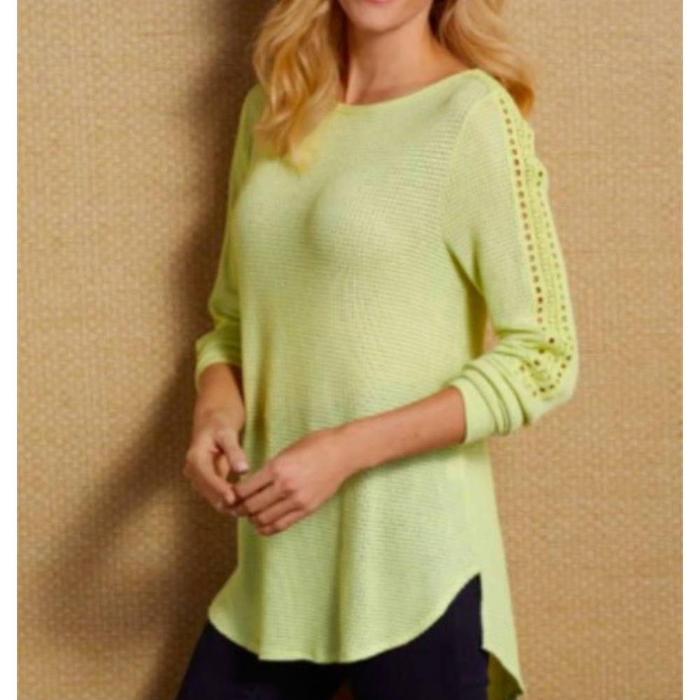 NWT Soft Surroundings Waffle Knit Top Crochet‎ Sleeve Details Light Green Sz S